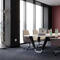 Modern Conference Room With Large Windows Meeting Table Chairs Red Accent Wall And Wall Screen