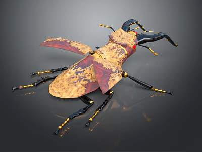 Mechanical Winged Flying Beetle With Red Gold Patterns And Black Legs 3d model