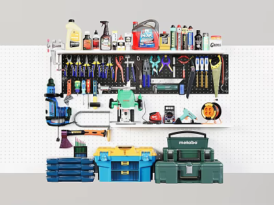 Organized Workshop Setup With Pegboard Tools Toolboxes And Storage Supplies 3d model