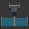 Industrial Equipment Enclosed in Blue Metal Fence With Grid Structure and Red Indicators