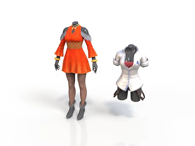 Woman Wearing Orange Dress With Gray Shoulder Details And White Top With Dark Pants 3d model