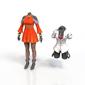 Woman Wearing Orange Dress With Gray Shoulder Details And White Top With Dark Pants