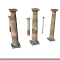 Classical Architectural Columns Featuring Main And Smaller Carved Patterned With Red Tops And Stone Bases