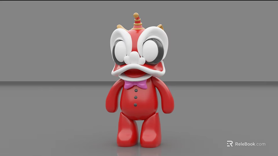 Red Lion Dance Themed Doll With Golden Head Decoration And Purple Bow Tie 3d model 