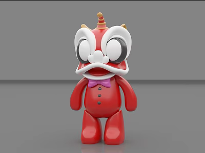 Red Lion Dance Themed Doll With Golden Head Decoration And Purple Bow Tie 3d model