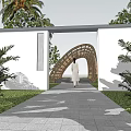 Wooden Arched Pergola In Garden With Trees And Lawn Where People Walking On Pathway