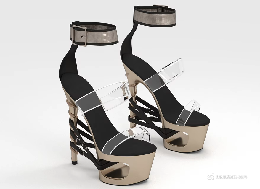 Fashionable High Heels with Transparent Straps Platform Ankle Strap Metallic Heel and Black Gold Design 3d model 
