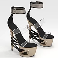 Fashionable High Heels with Transparent Straps Platform Ankle Strap Metallic Heel and Black Gold Design