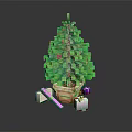 Pixelated Green Christmas Tree In Pot With Colorful Gift Boxes Around