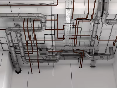 Interconnected Metal Pipes Installation On Building Ceiling With Industrial Network Structure 3d model