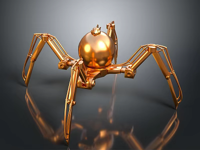 Golden Mechanical Spider With Multiple Legs Shiny Sphere Body And Reflective Surface 3d model