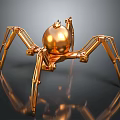 Golden Mechanical Spider With Multiple Legs Shiny Sphere Body And Reflective Surface