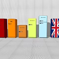 Vintage Colored Refrigerators Displaying Blue Red Yellow Green and Union Jack Patterns