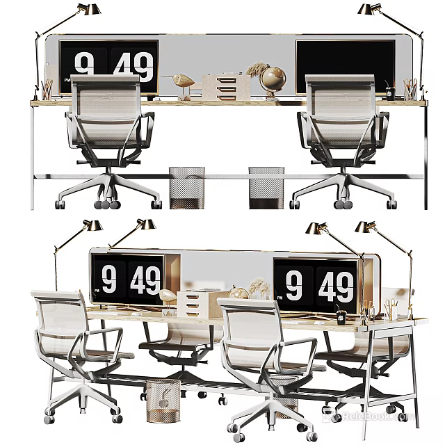 Modern Office Desk Setup With 949 Digital Clock Ergonomic Chairs And Globe 3d model