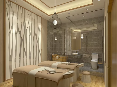 Luxurious SPA Sauna Room With Massage Beds Wooden Decorative Walls Mirrors And Pendant Lights 3d model