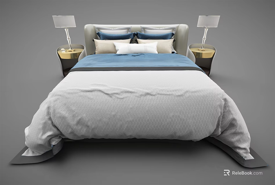 Modern Double Bed with Gray Blue Bedding Upholstered Headboard and Bedside Table Lamps 3d model