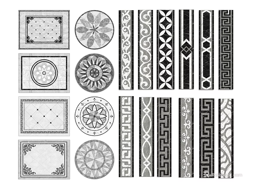 Decorative Floor Tiles And Strips With Ornate Circular And Geometric Patterns 3d model