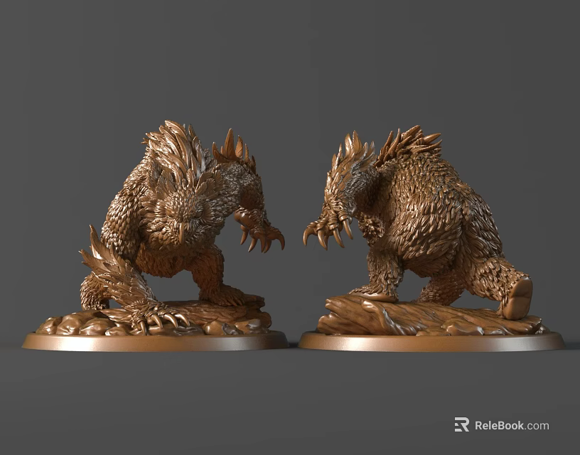 Bronze Mythical Creature Sculptures With Scaled Spiked Design And Dynamic Attacking Pose On Rock Base 3d model