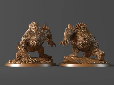 Bronze Mythical Creature Sculptures With Scaled Spiked Design And Dynamic Attacking Pose On Rock Base 3d model