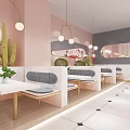 Charming Dessert Shop Interior With Pink Walls Marble Counter And Pastry Displays