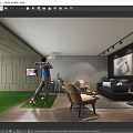 Modern Entertainment Room Design With Indoor Golf On Artificial Turf Area Sofa Chairs And TV