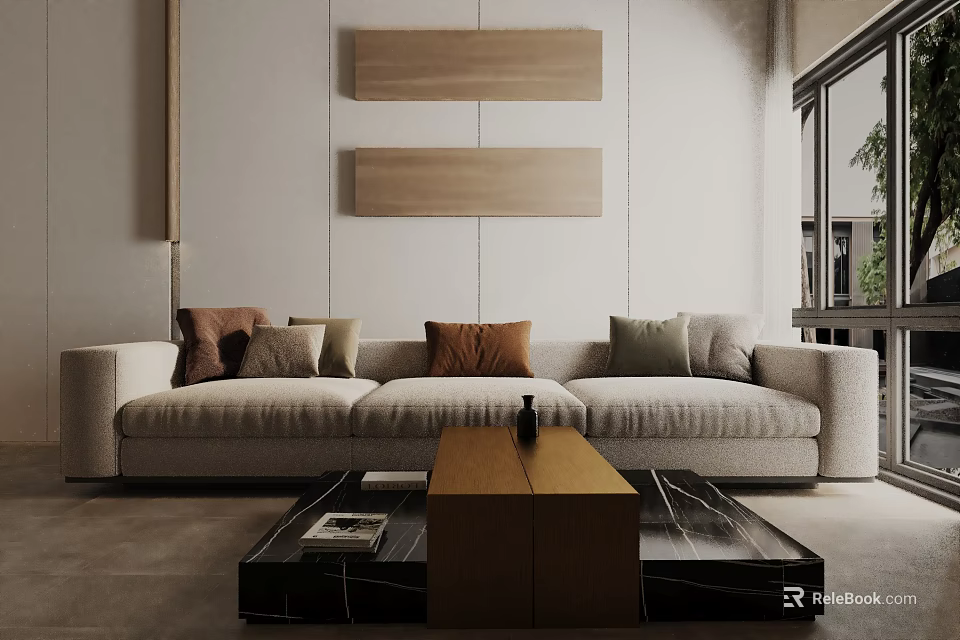 Modern Beige Three Seater Sofa With Decorative Pillows Wooden Wall Panels And Coffee Table 3d model 