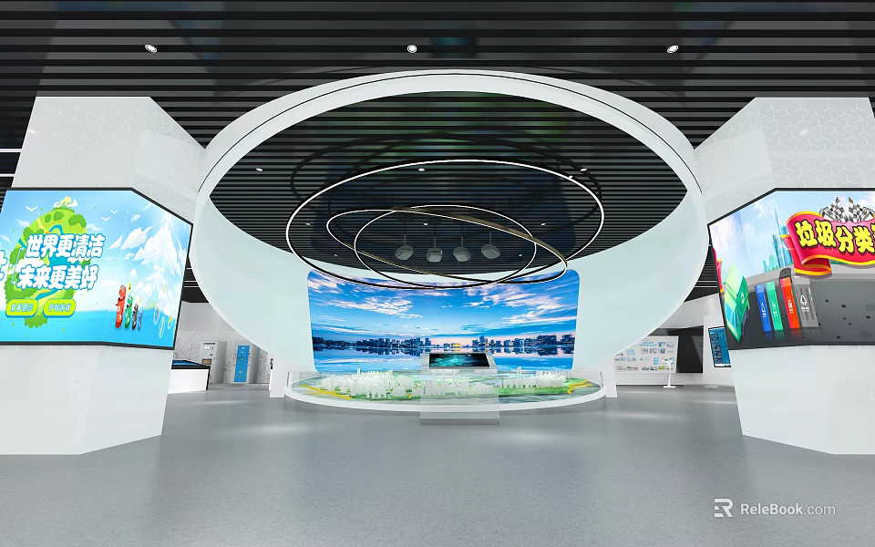 Modern Exhibition Hall Interior With Circular Ceiling Large Screens And Display Platform 3d model 