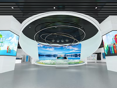 Modern Exhibition Hall Interior With Circular Ceiling Large Screens And Display Platform 3d model