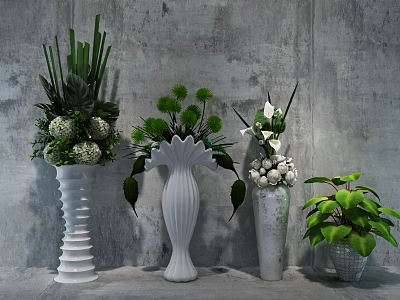 Bonsai Potted Plant With Green Plants And White Flowers In Pot Against Gray Wall 3d model