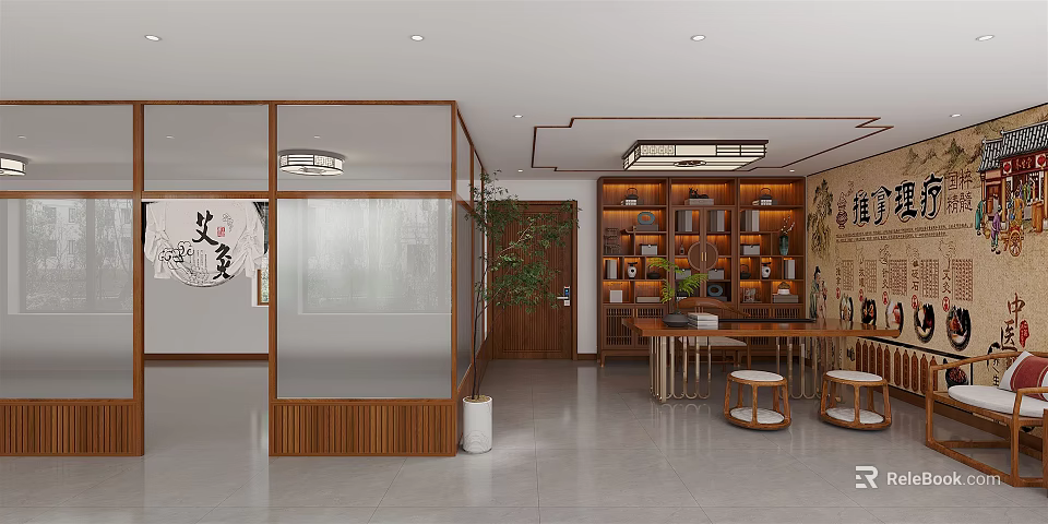 Traditional Chinese SPA Sauna Room With Wooden Decor Green Plants And Tea Sets 3d model 