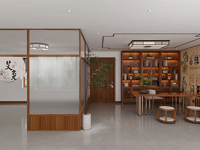 Traditional Chinese SPA Sauna Room With Wooden Decor Green Plants And Tea Sets 3d model