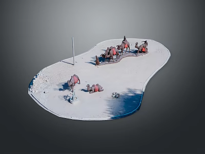 Desert Camp Scene With Sandy Ground Flagpole Tents People And Camels Setup 3d model