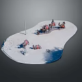 Desert Camp Scene With Sandy Ground Flagpole Tents People And Camels Setup