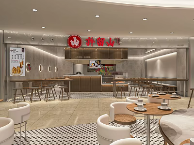 Modern Milk Tea Shop Interior With Cozy Seating Area And Wooden Counter Design 3d model