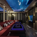 Modern KTV Interior With Neon Lights Blue Walls Comfortable Sofas Large Screens And Black And White Checkerboard Floors