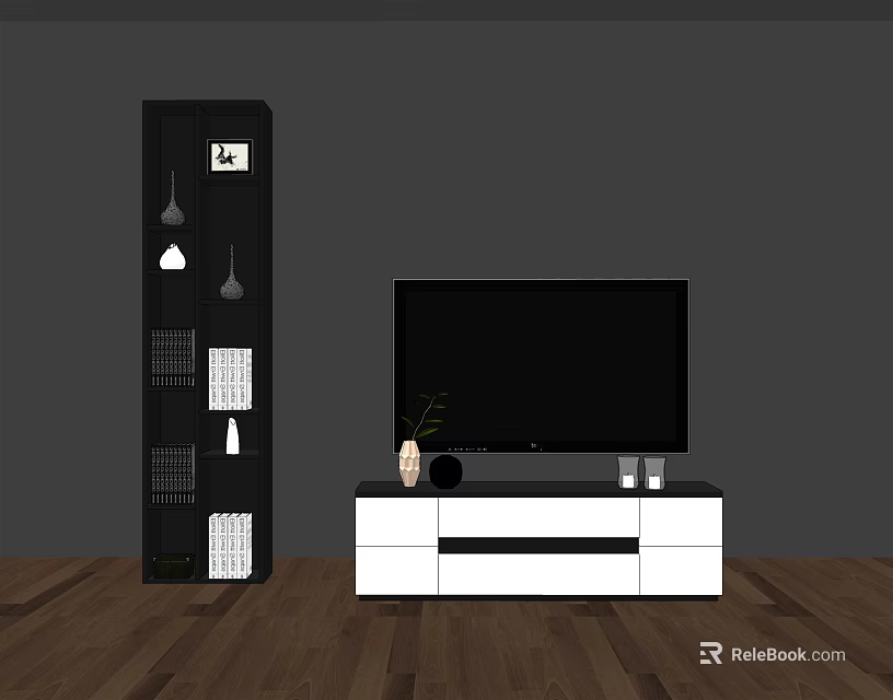 Modern White And Black TV Stand With TV Decorative Items Dark Wall Wooden Floor 3d model 