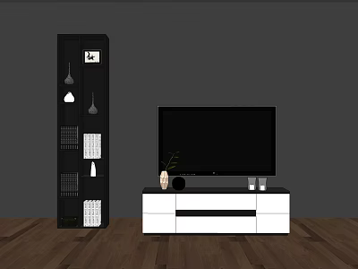 Modern White And Black TV Stand With TV Decorative Items Dark Wall Wooden Floor 3d model