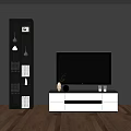 Modern White And Black TV Stand With TV Decorative Items Dark Wall Wooden Floor