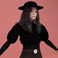 Artistic Detailed Female Sculpture with Gray Long Hair Black Clothing Hat Long Skirt and Boots