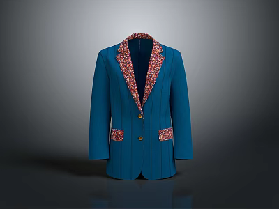 Stylish Blue Blazer With Patterned Inner Lining And Decorative Front Pockets 3d model