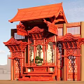 Traditional Chinese Red Garden Ornament With Carved Pavilion Structure And Green Plants