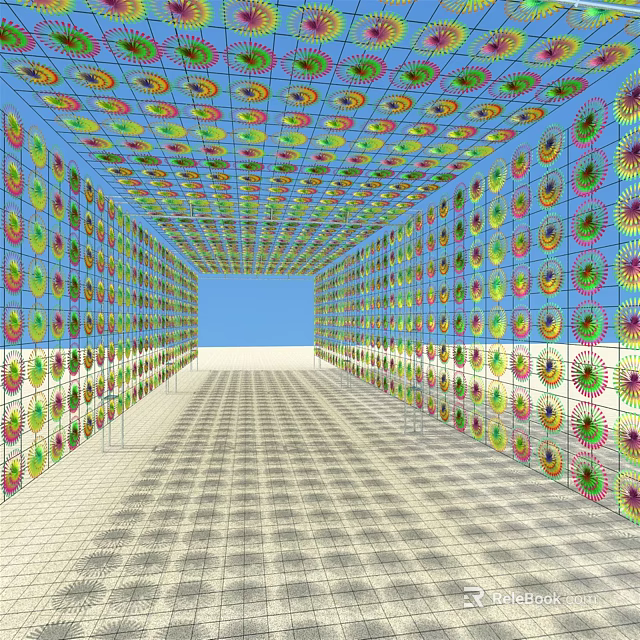 Colorful Circular Patterned Walls and Ceiling in Long Corridor With Checkerboard Floor 3d model