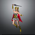 Dynamic Female Warrior In White Outfit Red Cape Golden Boots Holding Sword With Golden Details