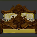 Classic Wooden Carved Bed With Blue Yellow Quilt White Sheets And Yellow Pillows
