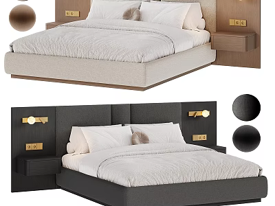 Luxury Modern Upholstered Double Bed With Integrated Wooden Headboard Wall Lamps And Floating Nightstands 3d model