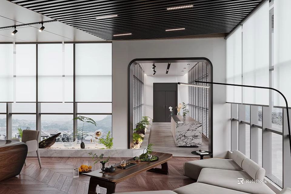Modern Office Interior With Large Windows Sofa Coffee Table Plants And Black Slatted Ceiling 3d model 