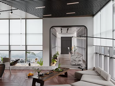 Modern Office Interior With Large Windows Sofa Coffee Table Plants And Black Slatted Ceiling 3d model