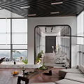 Modern Office Interior With Large Windows Sofa Coffee Table Plants And Black Slatted Ceiling