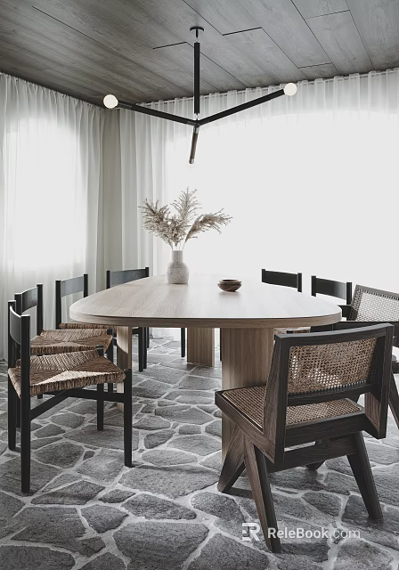 Modern Dining Living Interior With Round Wooden Table Rattan Chairs Dried Flower Vase Stone Floor 3d model 