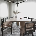 Modern Dining Living Interior With Round Wooden Table Rattan Chairs Dried Flower Vase Stone Floor